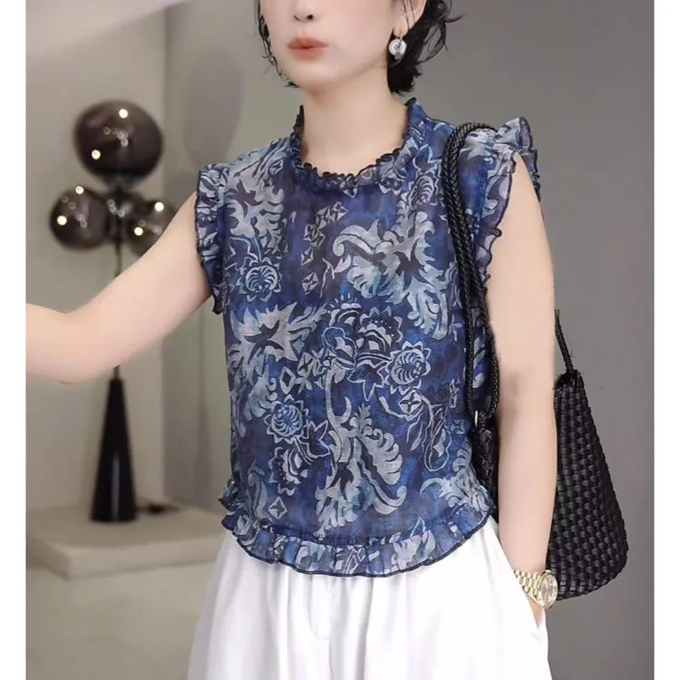 （送运费险）拼接木耳无袖圆领夏季衬衫民族风时尚百搭显瘦洋气上衣