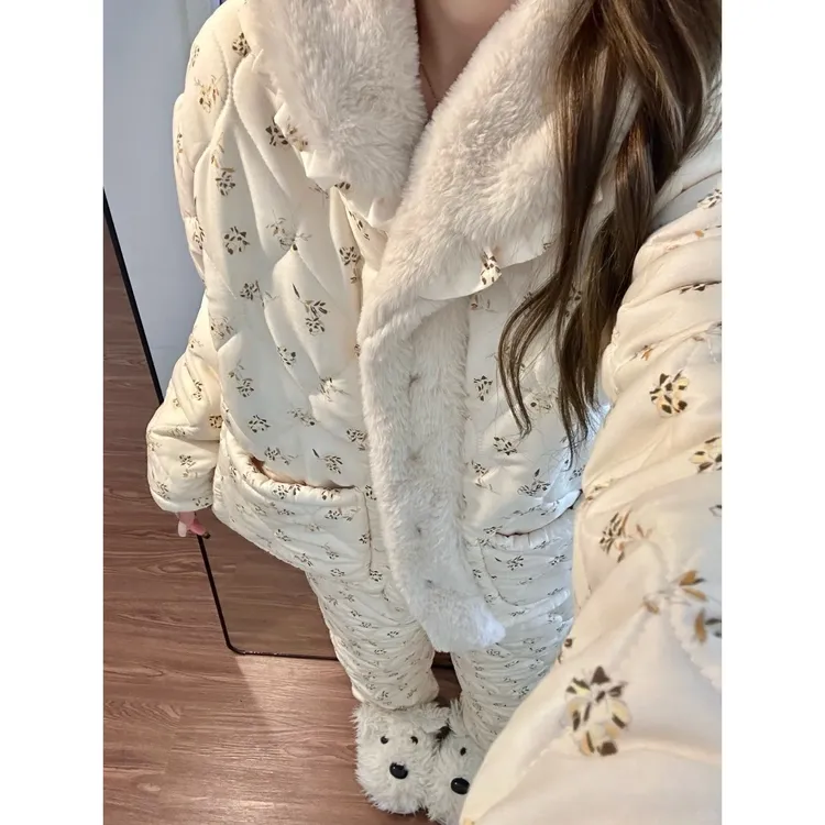 韩系少女小碎花三层夹棉睡衣女2025秋冬新款加厚家居服套装可外穿