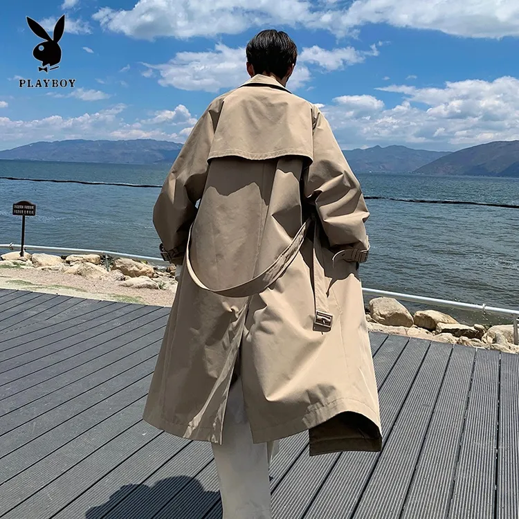 PLAYBOY/花花公子中长款过膝风衣外套男士秋季潮流痞帅双排扣上衣