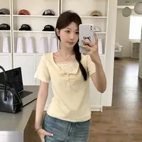 短袖透气蕾丝女碎花甜T恤v领设计感小众修身【C区】3646 C05-1+地上