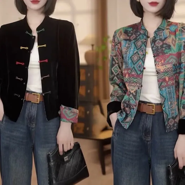 双面穿国风新中式丝绒外套女2025秋季新款长袖印花上衣潮