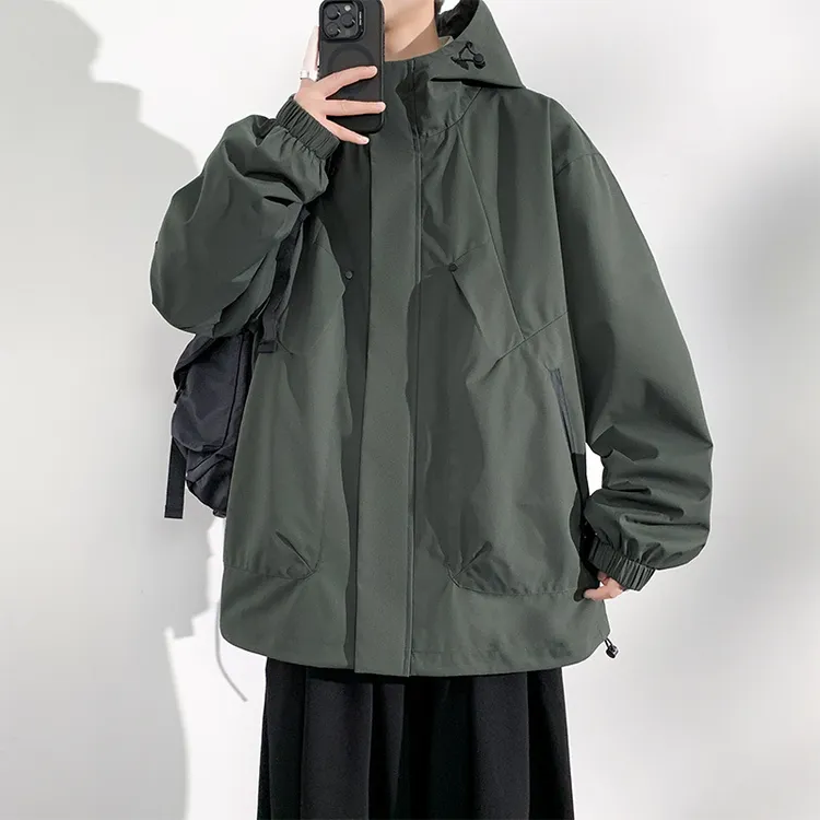 男士春秋潮流大码休闲外套男胖男生加肥加大纯色连帽防风上衣夹克