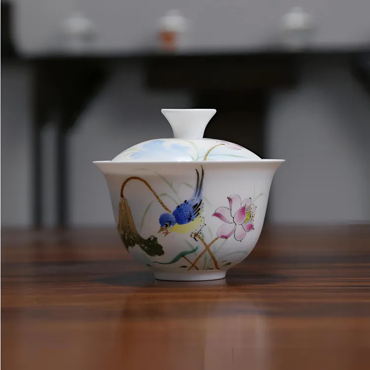 潮州骨瓷陶瓷手绘泡茶碗荷花薄胎手工盖碗工夫茶杯子白瓷家用