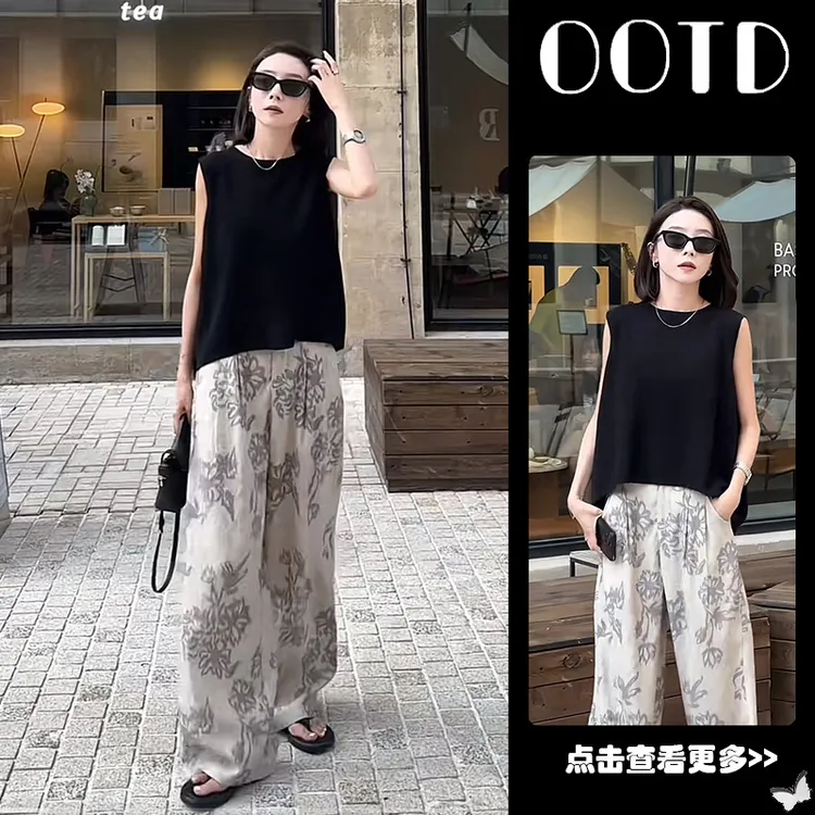 夏季流行穿搭一整套女2025新款韩版宽松黑色无袖衬衫阔腿裤两件套