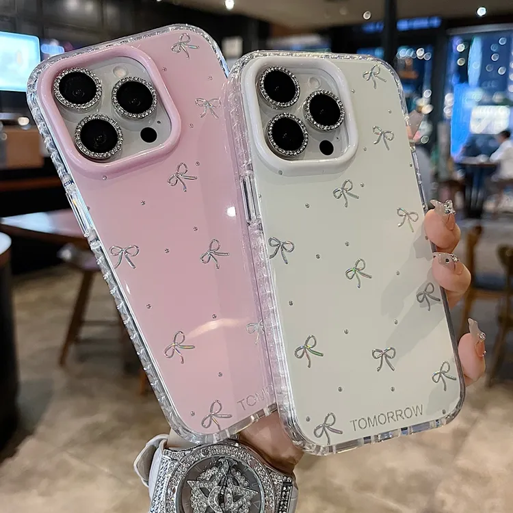 适用苹果系列iPhone16新款手机壳高级白色底蝴蝶结半包大孔透气壳