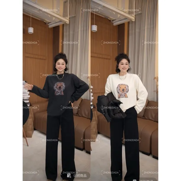 ZHONG大大【】冬季加厚绒狗狗印花圆领显瘦长袖T恤女打底上衣1077