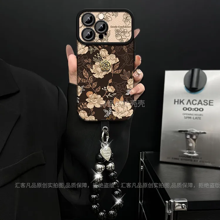 适用【苹果/oppo/华为/vivo/小米】大视窗复古棕山茶花防摔手机壳女