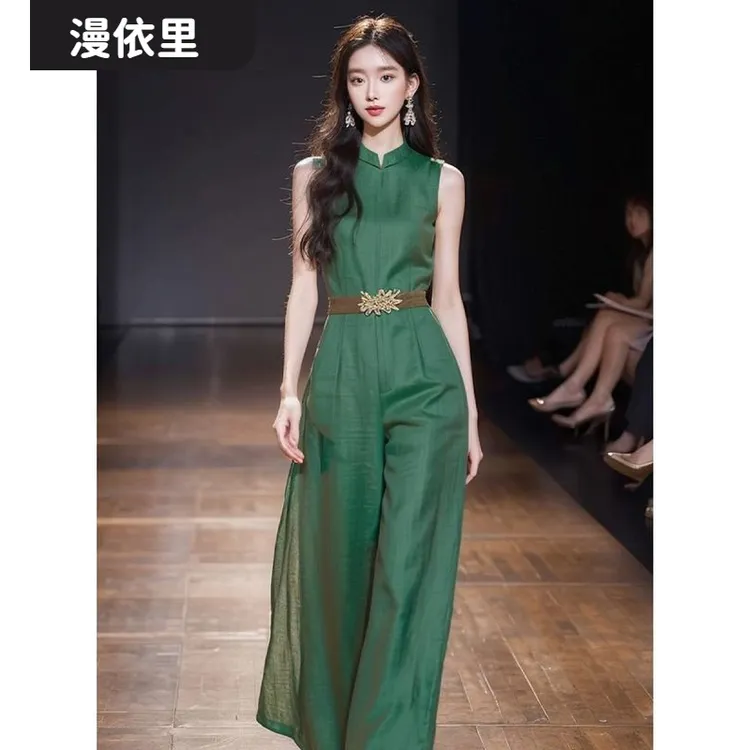 l2025独特连衣裤超好看精致新中式国风绿色连体裤子女夏季lI