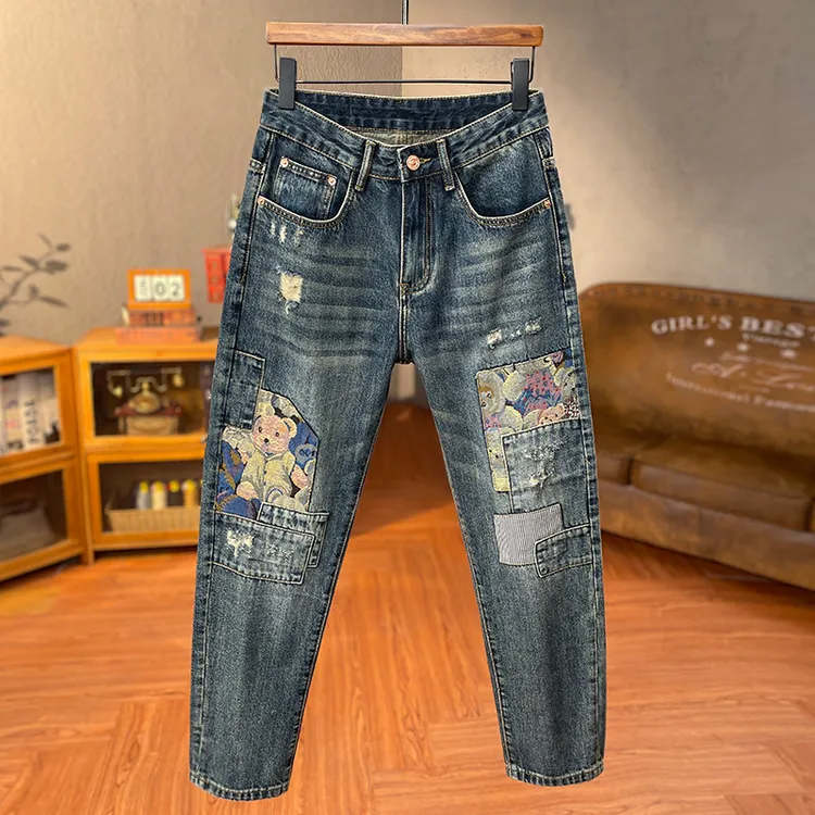 设计感重工刺绣补丁水洗牛仔裤男美式复古潮流宽松小直筒微锥长裤
