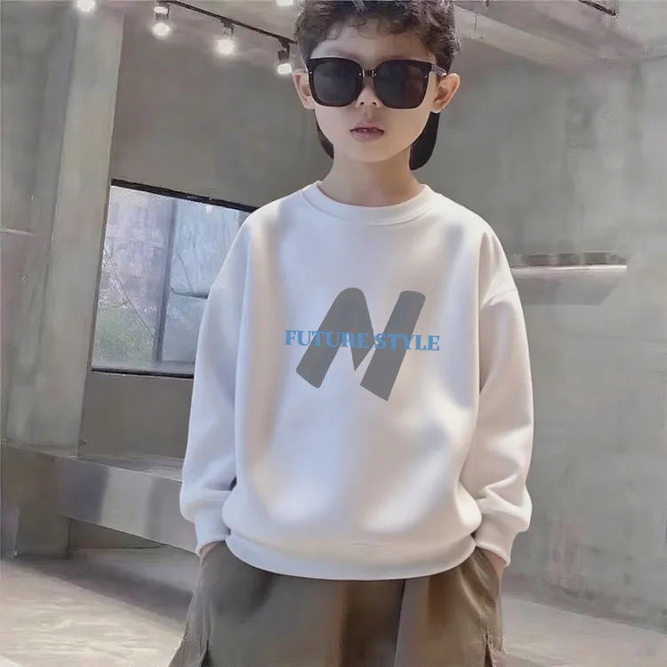 男童卫衣春秋冬中大童男孩痞帅装加绒加厚白色上衣儿童纯棉圆领潮