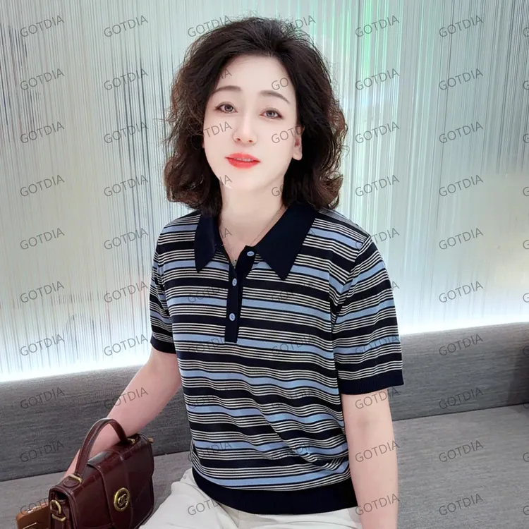 【设计感条纹】潮牌女装新款（25133）大码针织翻领时尚百搭夏季宽松