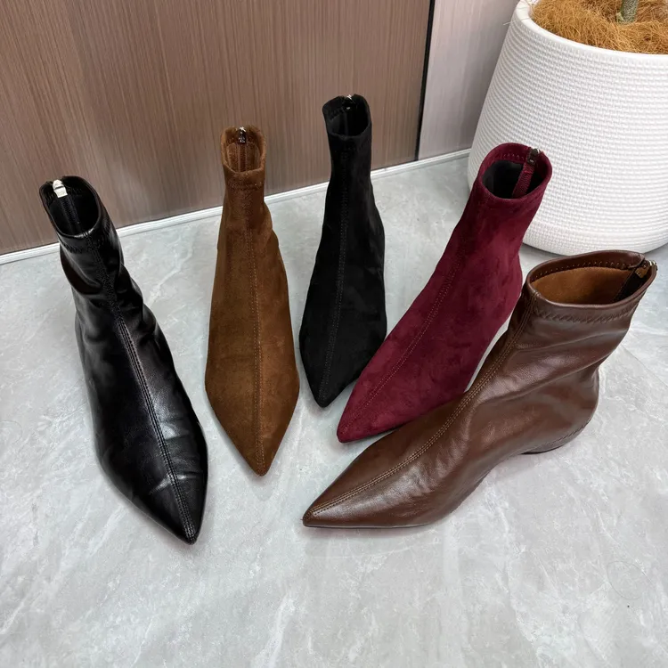 增高短靴四季时尚手抓纹真皮尖头平底短靴英伦风百搭内增高靴子女