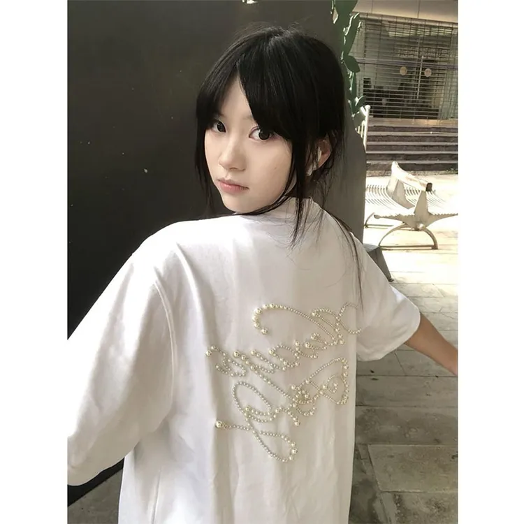 美式高街字母钉珠绣白色短袖女夏季设计感宽松休闲半袖T恤上衣潮