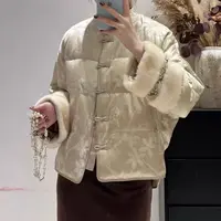 现货/深圳乔莎【崧雾】水貂毛人丝加麻90白鸭绒新中式保暖羽绒服