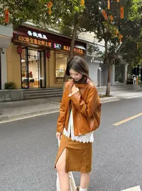 高级感复古立领油蜡皮双排扣外套宽松时髦机车服短夹克5Q2718GYZ