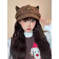韩版可爱小猫豹纹耳朵八角帽女秋冬保暖鸭舌帽KT猫刺绣猫耳翻檐