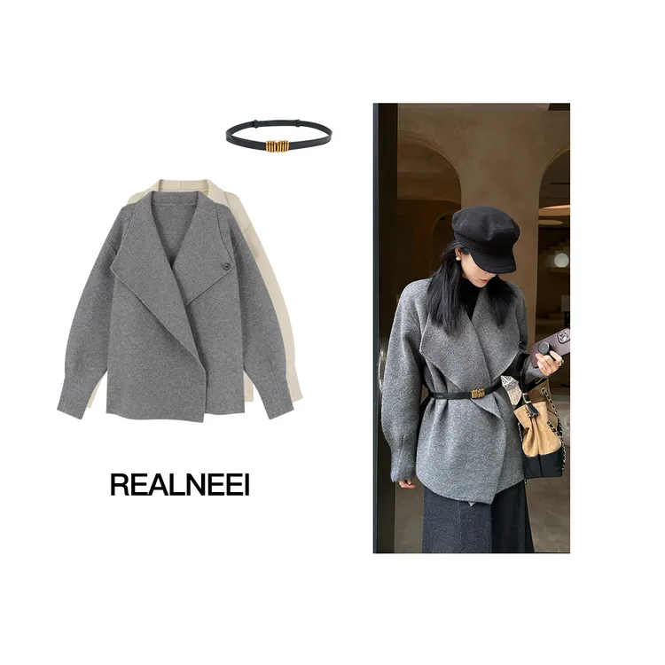 伦敦时报丨25年冬季新品赫本风大翻领针织开衫外套带腰带10960