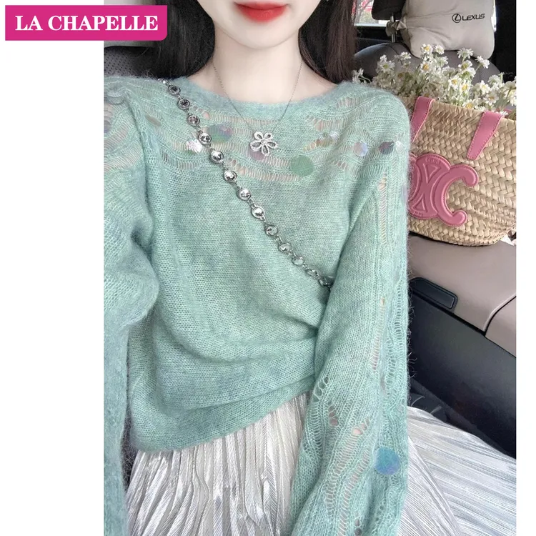 拉夏贝尔亮片宽松慵懒毛衣女2025秋多巴胺漂亮韩系小香风针织上衣