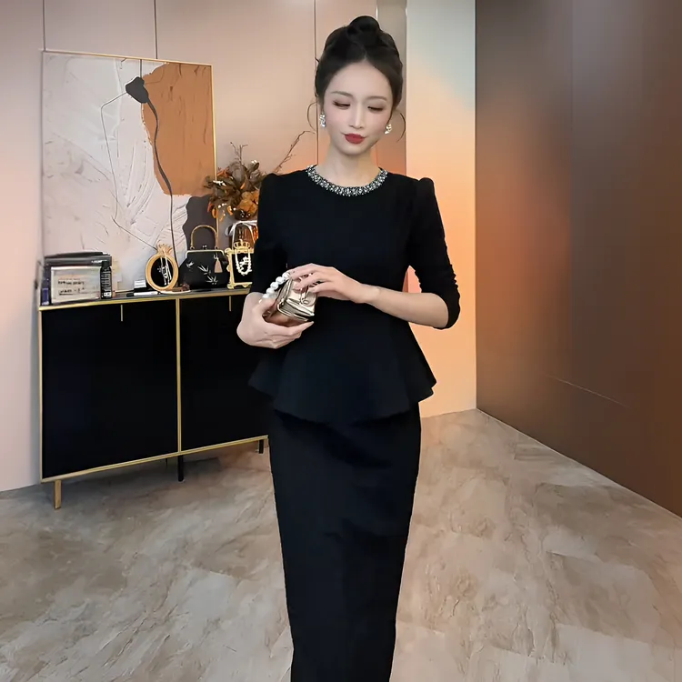 名媛风秋季新收腰显瘦两件套荷叶边上衣半身裙套装A洋气衣服女