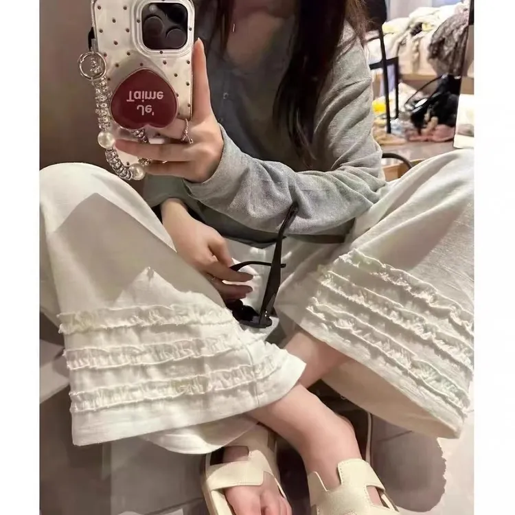 夏日松弛感木耳花边亚麻裤女百搭松紧高腰阔腿九分休闲裤