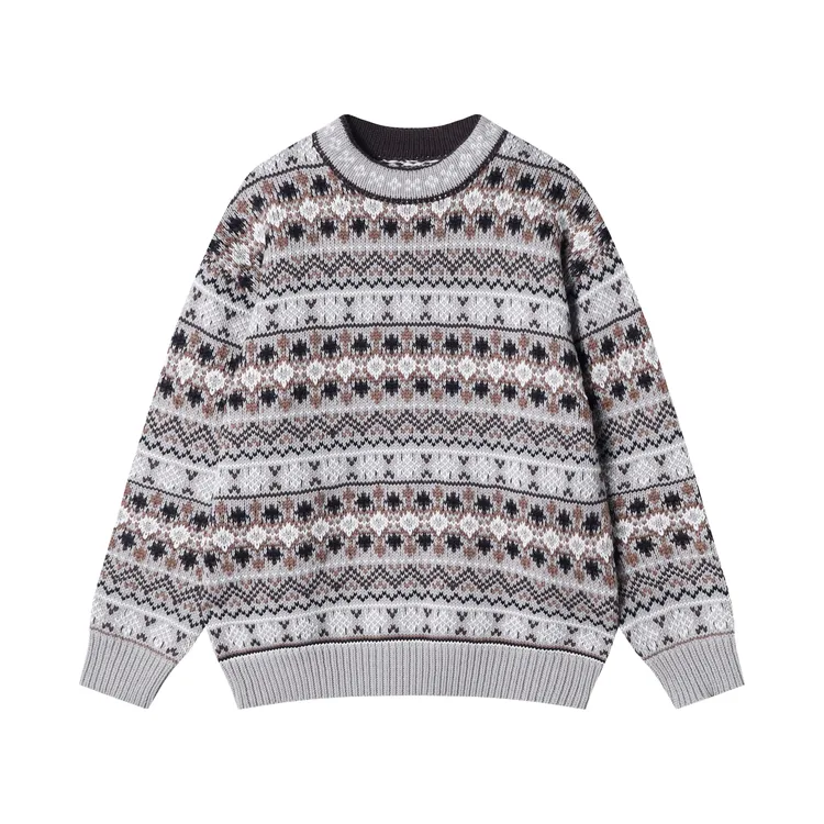 秋冬季新款时尚个性韩版提花撞色圆领毛衣情侣百搭慵懒套头针织衫