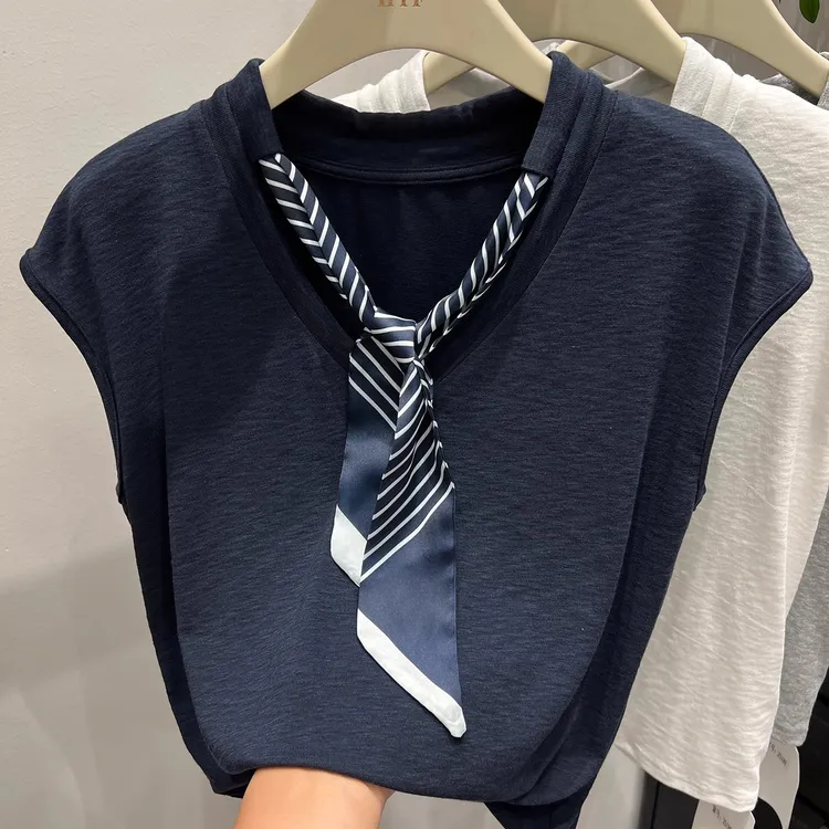 学院风系带领带短袖T恤女2025夏装新款洋气宽松半袖体恤小衫上衣