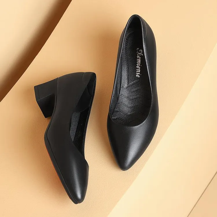 真皮软底工作鞋女黑色工装配西装面试上班职业女士皮鞋单鞋女鞋