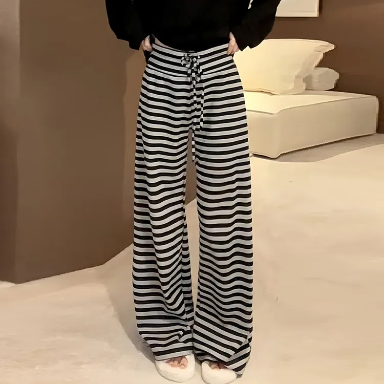 美式慵懒风条纹抽绳松紧腰阔腿休闲裤女早秋新款宽松百搭直筒裤潮