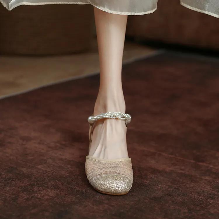 2025年百搭夏季新款~亮片珍珠网纱包头凉鞋女仙女风气质粗跟4.5cm