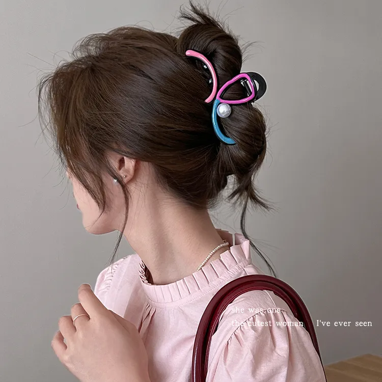 小众设计感撞色几何仿珍珠发夹女高级感后脑勺头发抓夹发卡鲨鱼夹