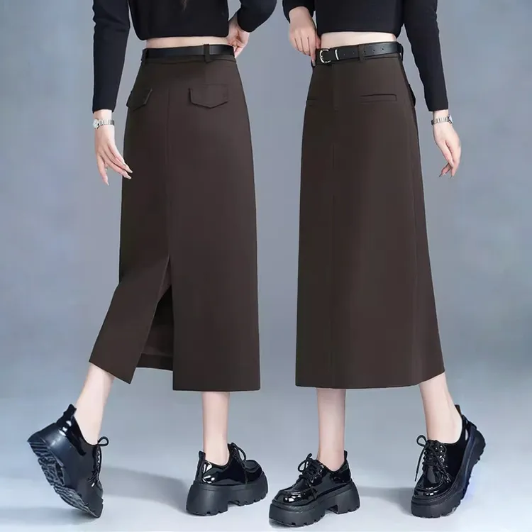 La babite气质半身裙秋冬新款加厚a字包臀裙高腰开叉一步中长裙