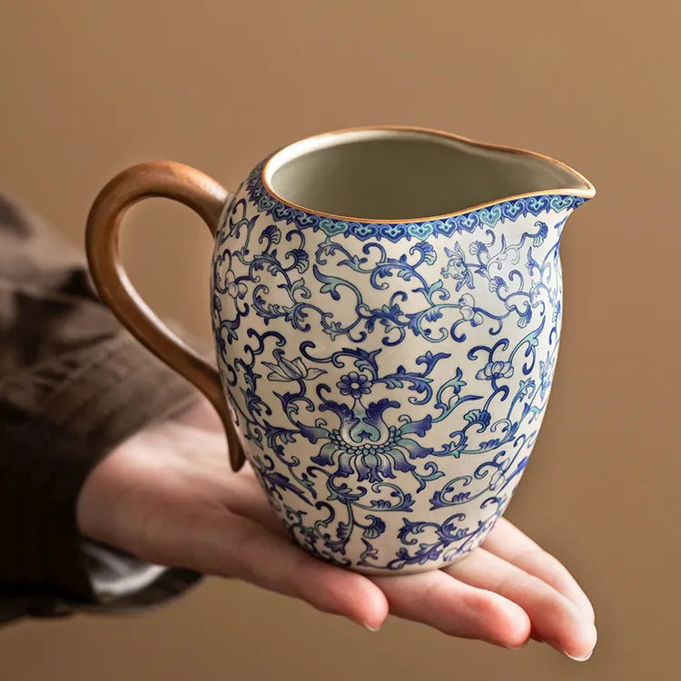 陶瓷公道杯中式汝窑青花缠枝莲茶海分茶器描金手绘公杯匀杯不烫手