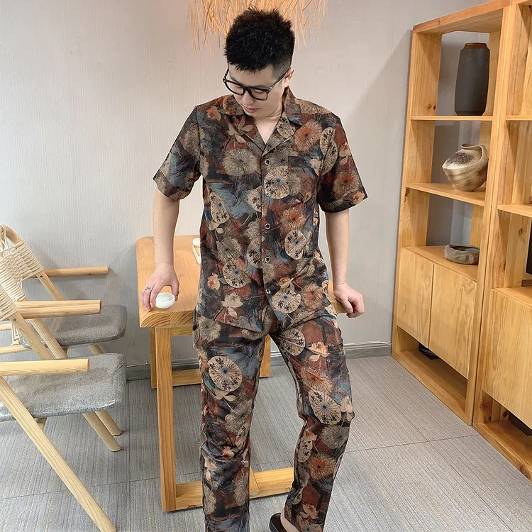 大码男士国风印花短袖睡衣套装2025夏季丝滑高品质休闲外穿家居服