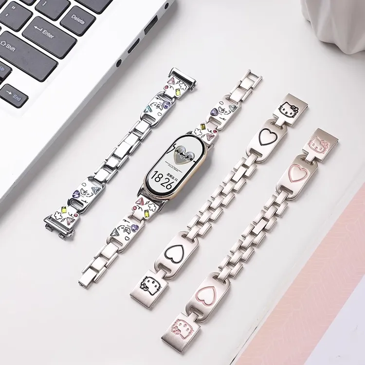 适用小米手环10表带彩钻小狗金属腕带小米手环98爱心KK猫时尚高级