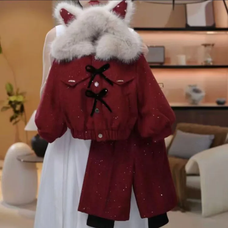 女童韩版加绒加厚毛呢套装2025新款冬季儿童拜年服保暖洋气两件套