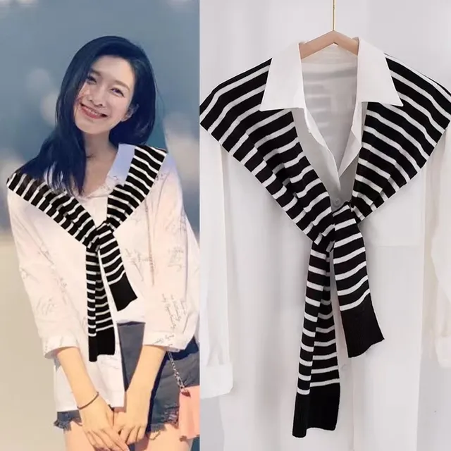 条纹针织小披肩春秋女网红交叉斗篷外搭衬衫百搭毛线围巾护颈坎肩