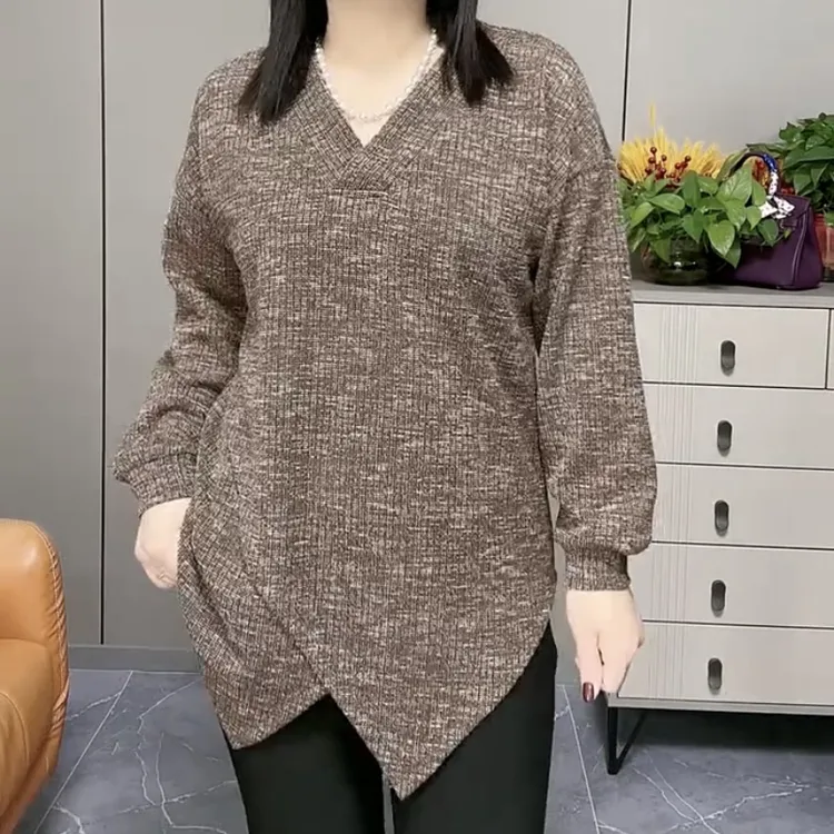 833秋季新款大码不规则时尚百搭遮肉显瘦秋季V领长袖上衣