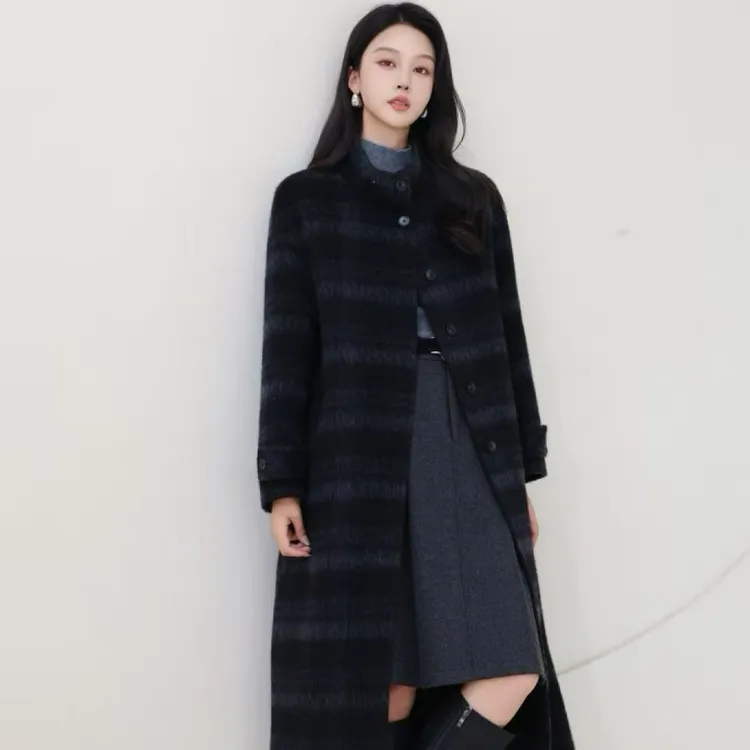 【源头工厂店】韩系时尚格纹双面羊毛呢长款大衣女秋冬款