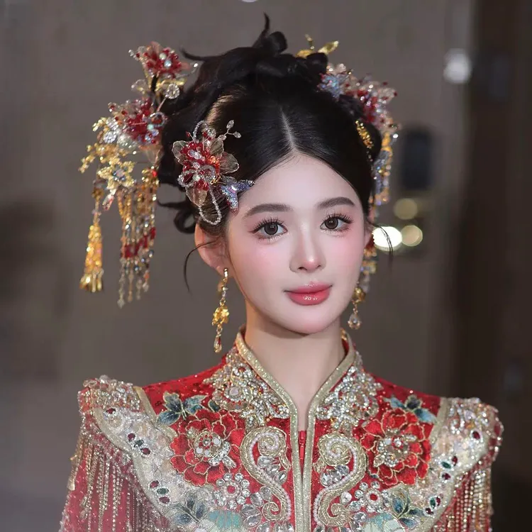 复古新娘头饰婚礼红色凤冠霞结婚大气明制简单新娘