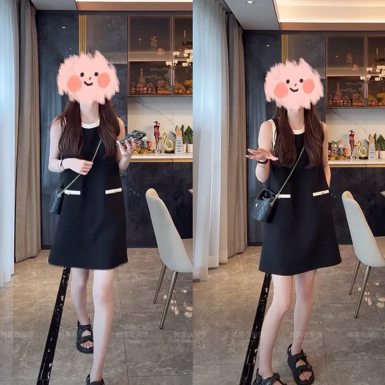 夏季小个子精致洋气高定醋酸无袖减龄显瘦直筒连衣裙
