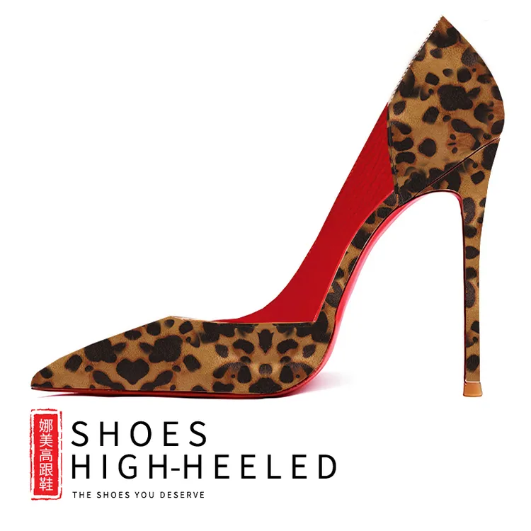 拾穿记超高性感浅口豹纹绒面侧空红底高跟鞋显成熟细跟职业女单鞋