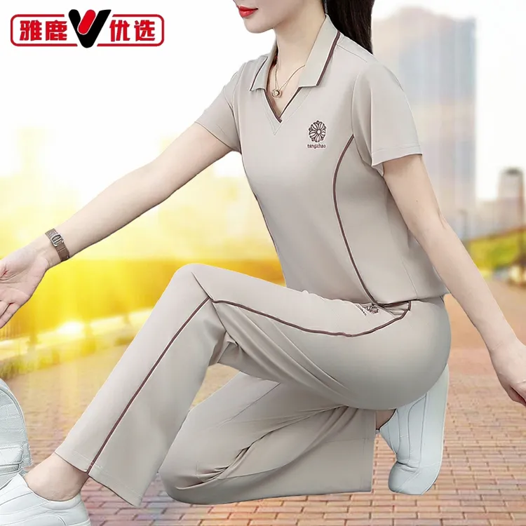雅鹿优选运动服套装女款夏季2025新款薄款短袖长裤休闲两件套