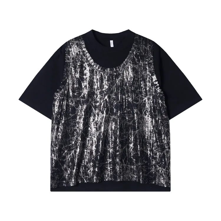 夏季新款时尚个性韩版撞色亮片假两件圆领短袖T恤潮流宽松上衣