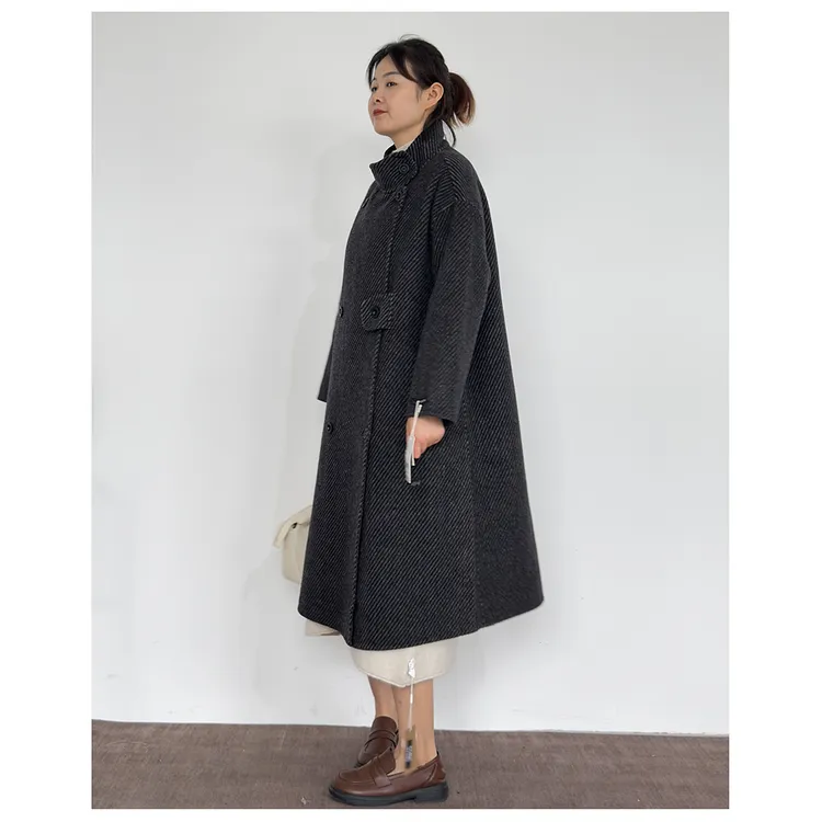 TFY014秋冬新款女士时尚百搭宽松中长款双排扣毛呢大衣外套