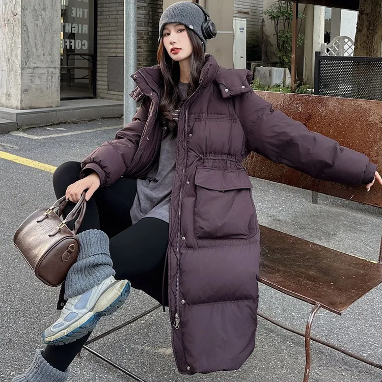 收腰显瘦中长款羽绒服女款冬季2024新款加厚白鸭绒连帽外套