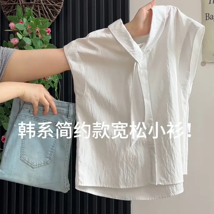 法式飘带领甜美白色上衣女夏季新款小众设计感休闲宽松显瘦衬衫
