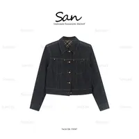 【SANSAN】格纹撞色短款上衣冬季休闲复古秋冬款牛仔外套DY-6888