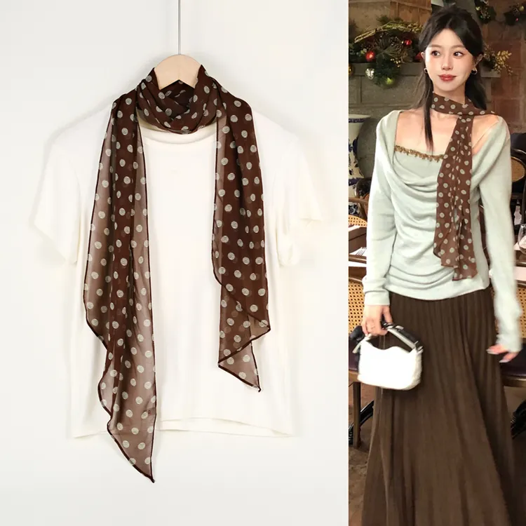 法式长条波点丝巾配饰薄款围脖系脖丝带围巾飘带百搭脖饰夏季装饰