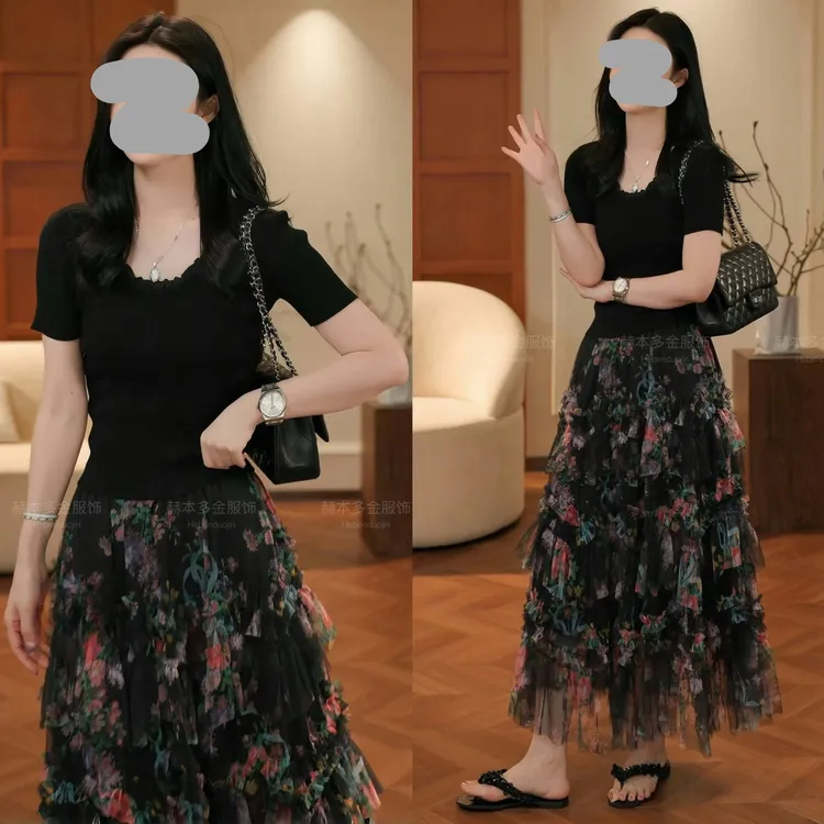 小众炸街高级感女装2025夏季显瘦短袖针织上衣百搭网纱半身裙套装