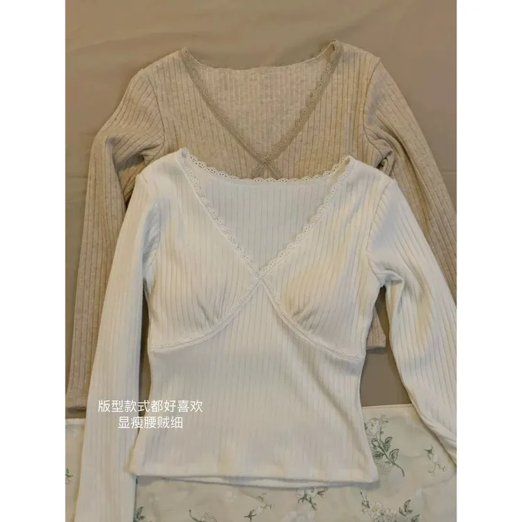纯欲风蕾丝花边V领白色打底衫女春秋修身显瘦辣妹内搭长袖t恤上衣